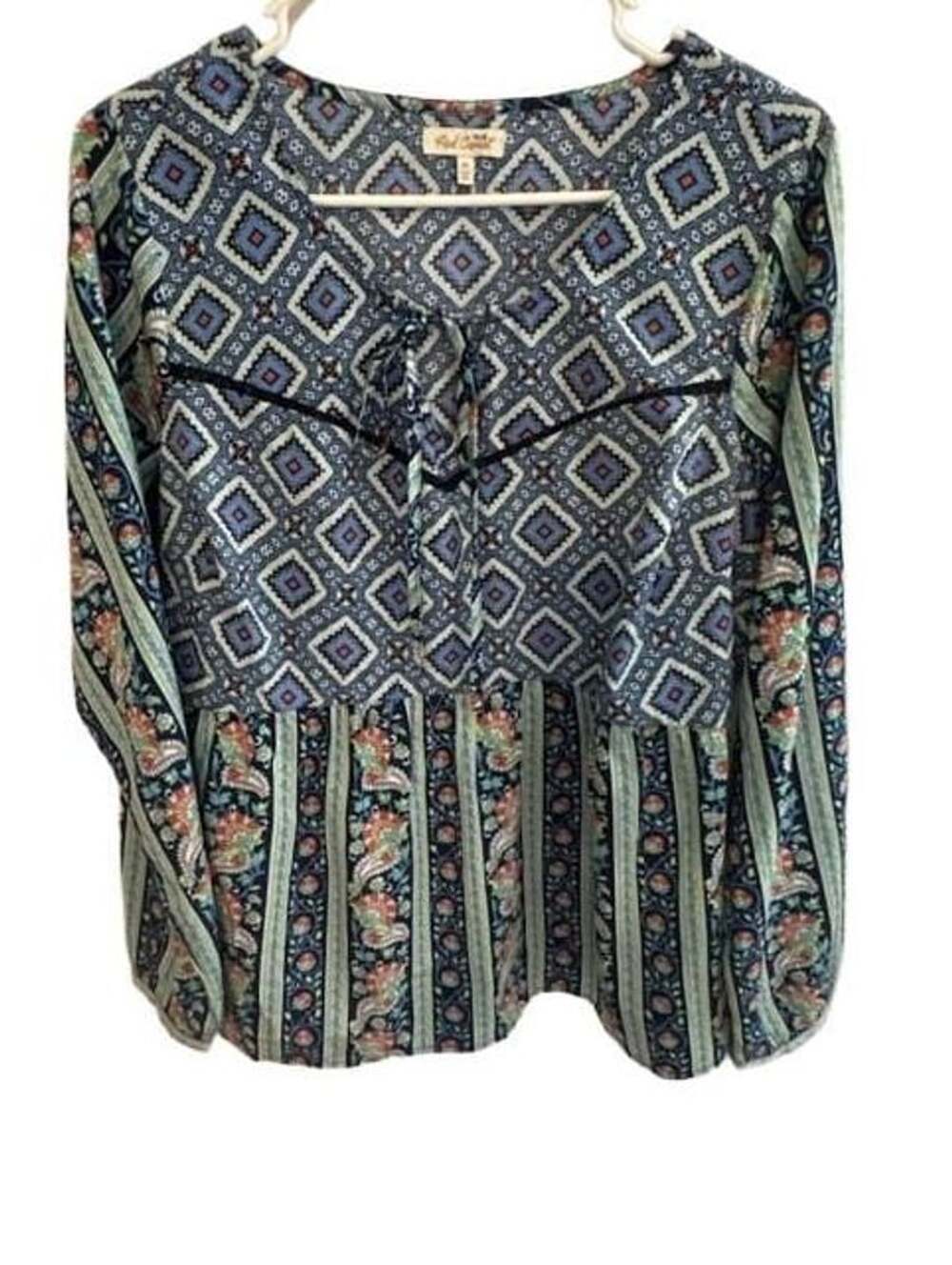 Red Camel Peasant Blouse Size 1X Blue Geometric Floral Boho Tunic Top
